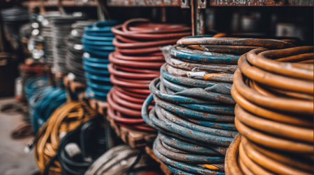 An assortment of colorful coils and hoses neatly organized in a workshop. The vibrant colors contrast with the industrial storage environment, showcasing a variety of utility and design elements.の素材
