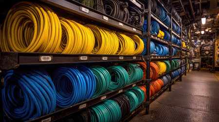 A vibrant display of organized hoses in various colors showcases an efficient storage solution in an industrial workspace, enhancing maintenance efforts.の素材
