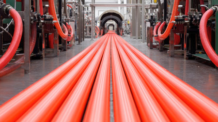 Vibrant red tubes extend through an industrial space, showcasing the intricate connections of machinery and modern engineering for fluid transport.の素材