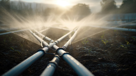 A close-up view of irrigation pipes spraying water across a farm field during sunrise, showcasing modern agricultural practices and water management.の素材