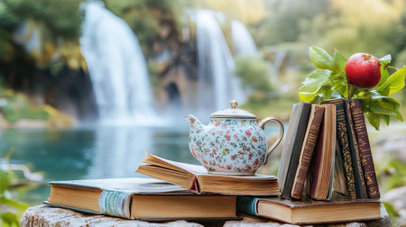 A beautiful still life composition featuring vintage books, a patterned teapot, and a fresh apple beside a waterfall, creating a serene reading space.の素材