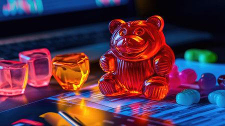 A playful arrangement of colorful jelly bear candy and assorted bright candies on a vivid tabletop setting, creating a lively and fun atmosphere.の素材