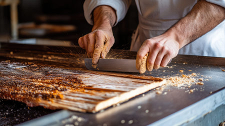 A skilled craftsman expertly shapes raw wood using traditional tools in a serene workshop. The image captures the intricate process of woodworking, highlighting craftsmanship.の素材