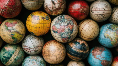 A vibrant assortment of globes showcasing diverse continents and regions, ideal for themes of travel, education, and exploration, highlighting geographical beauty.の素材