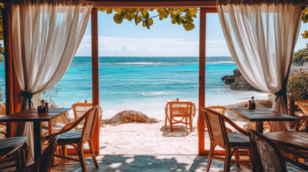 A beautiful view of a serene beach from a cozy restaurant with wooden decor and open windows, inviting relaxation and enjoyment under a bright sky.の素材