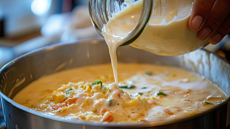 A close-up image captures the moment of a creamy sauce being poured into a mixing bowl filled with colorful vegetables, embodying the essence of home cooking.の素材