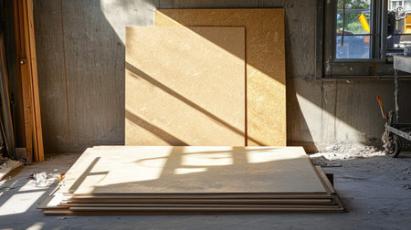 A sunlit construction workshop featuring stacked MDF boards on a concrete floor. Shadows create a dramatic atmosphere, highlighting the workspace.の素材