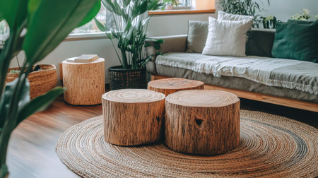 A cozy living room featuring rustic wooden stools, soft textures, and vibrant greenery, creating a peaceful and inviting atmosphere perfect for relaxation.の素材