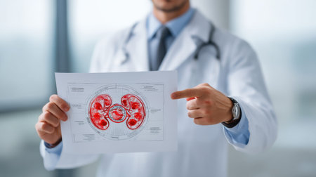 A professional doctor discusses kidney health while pointing to a detailed medical illustration. This image captures the essence of patient education in healthcare settings.の素材