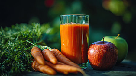 A vibrant glass of freshly squeezed carrot juice sits alongside crisp apples and fresh carrots on a rustic tabletop, showcasing healthy living and nourishment.の素材