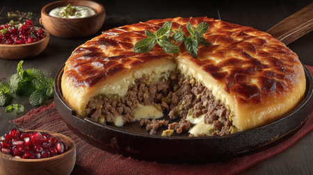 A beautifully baked meat pie featuring a creamy cheese filling, set on a rustic wooden table with fresh herbs and sauces that enhance the presentation.の素材