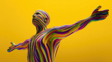 This striking abstract artwork features a human figure adorned with colorful lines against a vibrant yellow background, symbolizing creativity and freedom.の素材