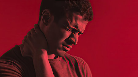 A young man displays a pained expression while holding his neck, surrounded by striking red lighting, symbolizing physical discomfort and emotional distress.の素材