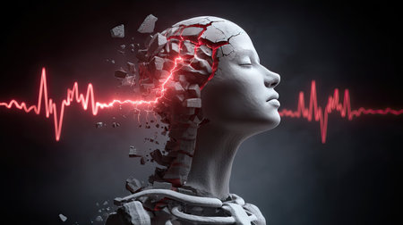 This striking image illustrates the concept of self-awareness and emotional depth, showcasing a fragmented head with a heartbeat visualization in a vibrant contrast.の素材