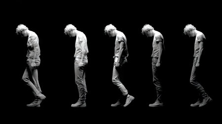 A striking monochrome series showcasing a solitary figure expressing deep emotion through body language and posture, highlighting themes of solitude and introspection.の素材