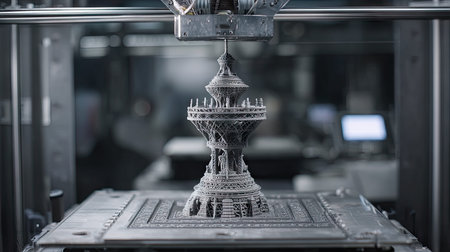 A detailed view of a 3D printer in action, showcasing the intricate process of building a complex model layer by layer. This image highlights the innovation and technology in modern manufacturing.の素材