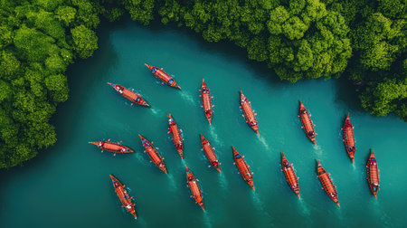 Experience the tranquil beauty of traditional wooden boats gliding through turquoise water, framed by vibrant lush greenery. Ideal for travel themes.の素材
