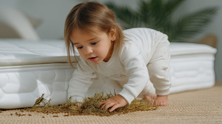 A delightful scene capturing a curious toddler discovering natural elements on a cozy indoor bed, fostering creativity and playfulness in a warm atmosphere.の素材