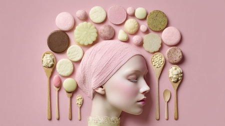 A serene profile of a woman with delicate features, framed by an array of colorful pastries and wooden spoons on a soft pink background.の素材