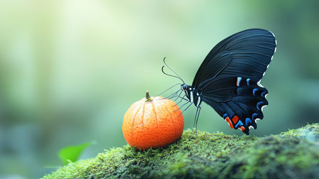 A stunning black butterfly rests on a bright orange fruit, surrounded by soft greenery, capturing the beauty of nature and serene moments in the wild.の素材