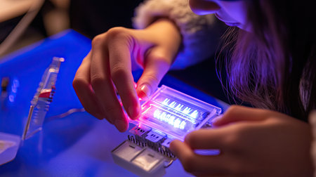 A young female student engages in a hands-on technological project, intricately working with circuit components under vibrant lighting in a classroom setting.の素材