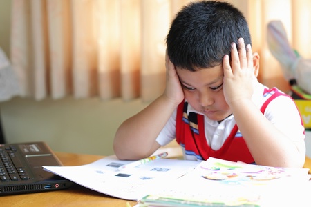 The boy work homework carefully の写真素材