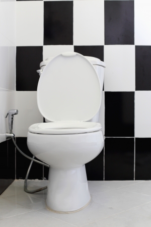 White toilet bowl in the bathroom  Alternating black and white tile backdropの写真素材