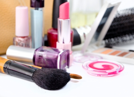 cosmetics isolated on white background. Pink lipstick, mascara,の写真素材