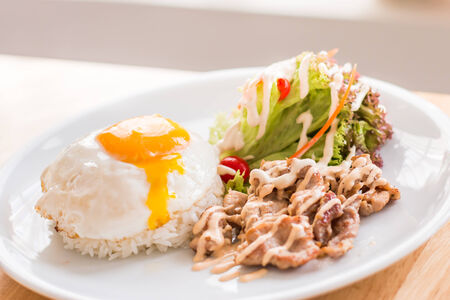 Fried pork on rice with eggsの写真素材
