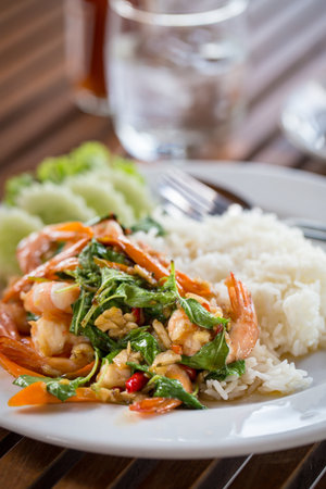 Spicy basil shrimp and pork Fried with rice, Thai foodの写真素材