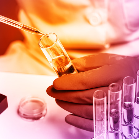 Hands of clinician holding tools during scientific experiment in laboratoryの写真素材