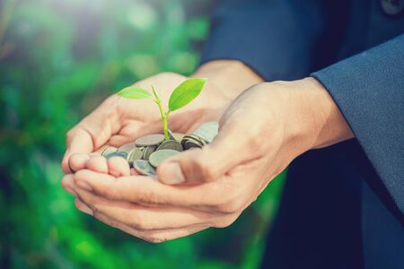 Business man holding little tree  growing on money,Money growing and saving with a man holding coinの写真素材