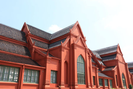 Close up red ancient building and blue skyのeditorial素材