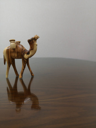 Close up wood camel carving and reflection on the groundの写真素材