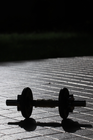 Silhouette of iron dumbbell and shadow on the groundの写真素材