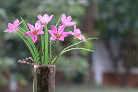 Transparent pink fabric flowers in bamboo tube and white bokeh on green backgroundの写真素材