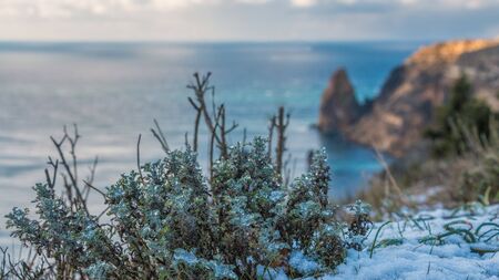 Selective focus. Winter sunset over the sea bay from the height of overhanging cliffs. Cape Fiolent in Balaklava, Sevastopol, Crimea.The concept of calm, silence and unity with nature.の写真素材