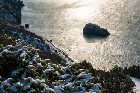 Snow covered rocky cliffs over sea. Winter sunset over the sea bay. Juniper tree under snow. Concept of winter holidays, travel, adventure and recreation Cape Fiolent in Balaklava, Sevastopol, Crimea.の写真素材