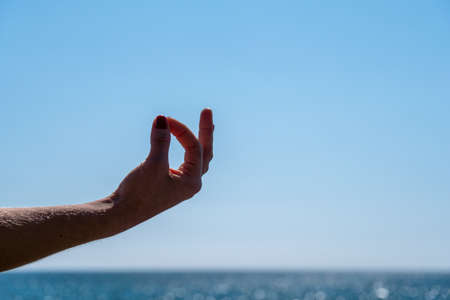 Young woman with long hair, fitness instructor in Sportswear Leggings and Tops, stretching before pilates, on a yoga mat near the sea on a sunny day, female fitness yoga routine conceptの写真素材