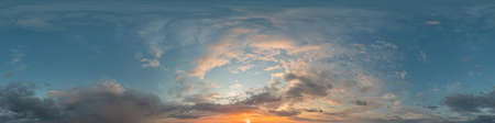 Dark blue sunset sky panorama with Cirrus clouds. Seamless hdr pano in spherical equirectangular format. Complete zenith for 3D visualization, game and sky replacement for aerial drone 360 panoramas.の写真素材