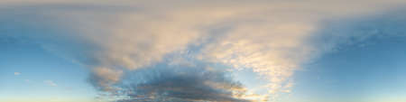 Dark blue sunset sky panorama with Cumulus clouds. Seamless hdr pano in spherical equirectangular...