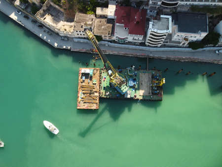 Aerial panoramic view of Balaklava landscape with boats and sea in marina bay. Crimea Sevastopol...