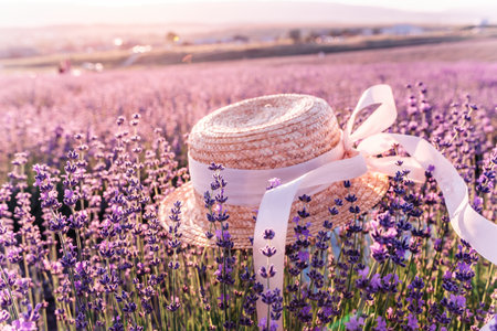 Straw hat on lavender flower field background with beautiful purple colors and bokeh lights. Blooming lavender in a field at sunset in Provence, France. Close up. Selective focus.の写真素材