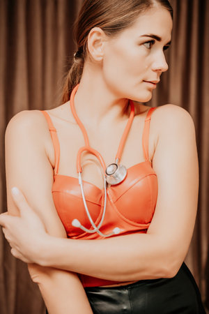 Young woman in red corset and black leather pants with a phonendoscope. Sexy brunette nurse in red and black costume with stethoscope in her hands. Role doctor play. Celebration and party. Having funの写真素材