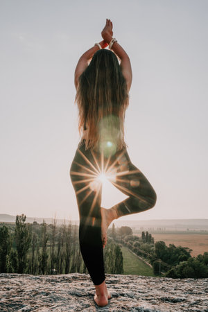 Well looking middle aged woman with long hair, fitness instructor in leggings and tops doing stretching and pilates on yoga mat near the forest. Female fitness yoga routine concept. Healthy lifestyleの写真素材