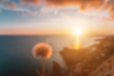 Panoramic seascape, view on rocky seashore, calm azure sea and bright sunset. Copy space. Copy space. Beauty world, nature and outdoors travel conceptの写真素材