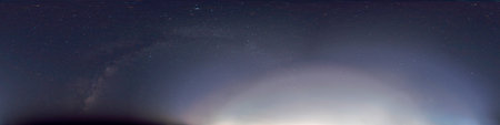 Arch of Milky Way in night sky above raising Full Moon. Seamless hdr spherical equirectangular 360...