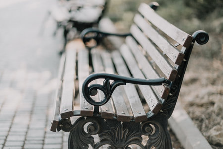 Empty Park wooden bench Closeup view. Wood exterior material. Woの写真素材