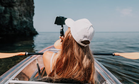 Woman in kayak back view. Happy young woman with long hair floating in transparent kayak on the...