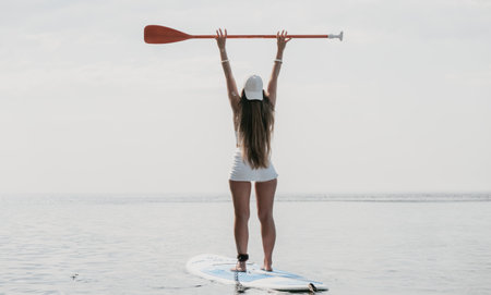 Woman sea sup. Close up portrait of happy young caucasian woman with long hair looking at camera and smiling. Cute woman portrait in bikini posing on sup board in the seaの写真素材